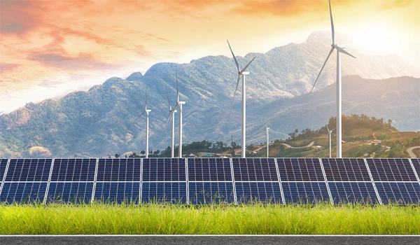 renewable energy sources showing wind turbines and solar panels